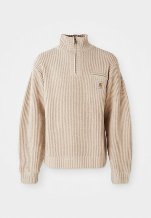 Maglione beige a maglia con zip centrale, texture a coste e tasca frontale. Presenta un patch con logo sulla parte superiore sinistra. Vestibilità rilassata.