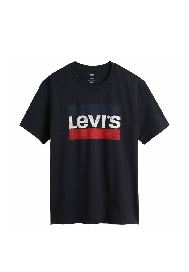 Camiseta negra de manga corta de Levi's con texto de logo blanco sobre barras horizontales azules y rojas en el pecho, estilo cuello redondo.
