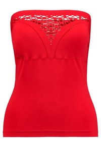 Rode strapless top gemaakt van zachte stof. Kenmerkt zich door een textuurontwerp met uitsnijdingen bij de buste en een aansluitende silhoutte. Gladde afwerking.
