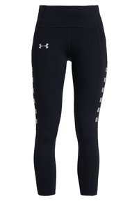 Černé sportovní legíny vyrobené z elastického materiálu, s vysokým pasem a reflexními detaily na straně pro lepší viditelnost.