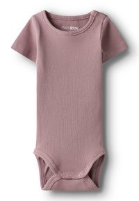 Lillatunud soonikkoes lühikeste varrukatega beebikehaülikond, mis on varustatud trukkidega jalgevahel ja ümara kaelusega.