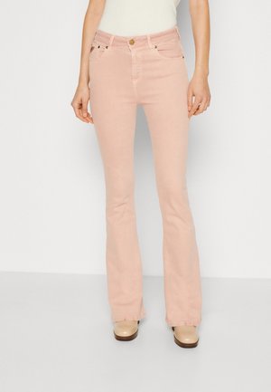 Flared jeans in light pink fabric, featuring a button closure and five pockets. Smooth texture with subtle stitching details and a relaxed fit.