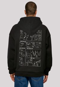 Felpa nera con cappuccio e una grande stampa grafica sul retro, che presenta schizzi illustrativi in bianco, raffiguranti dettagli di costruzione di vari elementi.