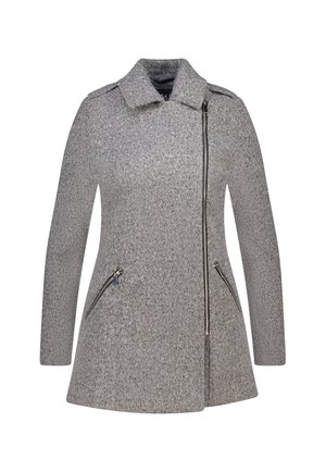 Manteau féminin en mélange de laine gris avec une fermeture éclair asymétrique à l'avant et deux poches zippées diagonales, doté d'un large col et de manches longues.