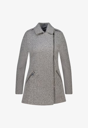 Grijze wollen damesjas in een mix met een asymmetrische voorkant met rits en twee diagonale ritszakken, met een brede kraag en lange mouwen.