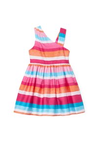 Vestido de algodón con un diseño de tirantes asimétrico, con rayas horizontales en rosa, naranja, azul y blanco. Falda acampanada, tirante con plisado.