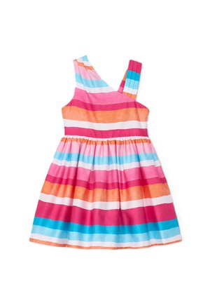 Abito in cotone con design di spalline asimmetriche, caratterizzato da righe orizzontali in rosa, arancione, blu e bianco. Gonna svasata, spallina plissettata.