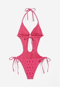 Vaaleanpunainen bikinisetti, jossa on kaula-aukko, keski-leikkaus, säädettävät nauhat ja toistuva logokuosi alaosassa.