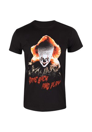 Sort kortærmet T-shirt med et grafisk motiv af en klovn med orange hår og røde detaljer, med teksten "Kom tilbage og leg."