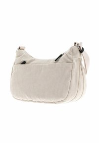 Sac à bandoulière en velours côtelé beige avec une poche avant, fermeture éclair et sangle réglable sur fond blanc.