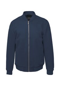 Marinblå bomberjacka med en smidig textur, elastiska ärmslut och midja. Har en silverdragkedja och sidofickor. Enkel, ren design.