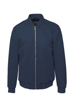 Marine bomberjakke med en glat tekstur, elastiske manchetter og talje. Har en sølvfarvet lynlås og sidelommer. Simpelt, rent design.