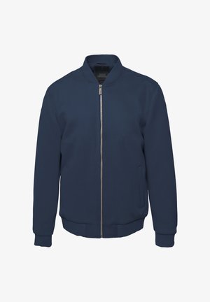 Marine bomberjakke med en glat tekstur, elastiske manchetter og talje. Har en sølvfarvet lynlås og sidelommer. Simpelt, rent design.