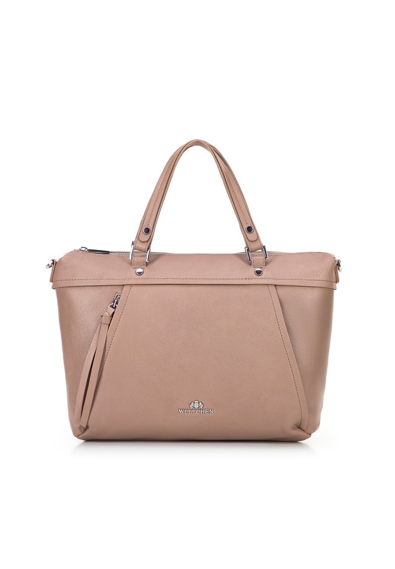 Beige Lederhandtasche mit doppelten Griffen, Reißverschluss, vorderer Reißverschlusstasche und kleinem silbernen Wittchen-Logo an der Unterseite in der Mitte.