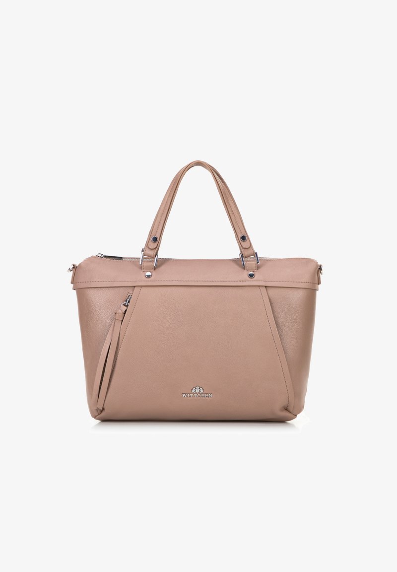 Beige leren handtas met dubbele handvatten, ritssluiting, voorritszak en klein zilveren Wittchen-logo onderaan in het midden.