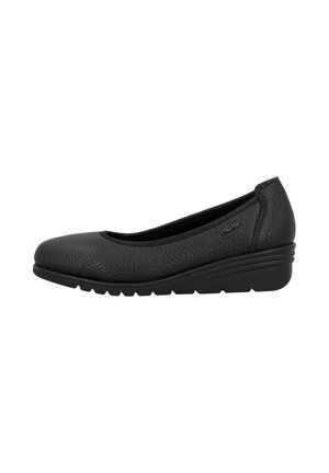 Chaussure compensée femme en cuir noir texturé avec bout arrondi et semelle légèrement rainurée, logo de la marque visible près du talon sur le côté.