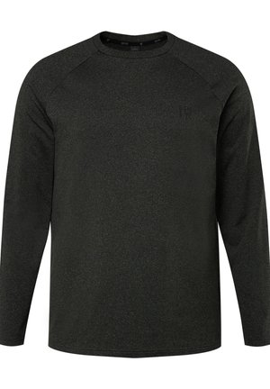 Langarmshirt in donkergrijs met een gestructureerde afwerking, voorzien van een ronde hals en raglanmouwen. Kleine logo-detail op de borst.