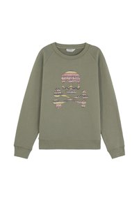 Sudadera verde oliva con un diseño colorido de calavera y huesos cruzados. Fabricada con un tejido suave y con puños y dobladillo acanalados.