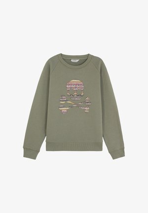 Sudadera verde oliva con un diseño colorido de calavera y huesos cruzados. Fabricada con un tejido suave y con puños y dobladillo acanalados.