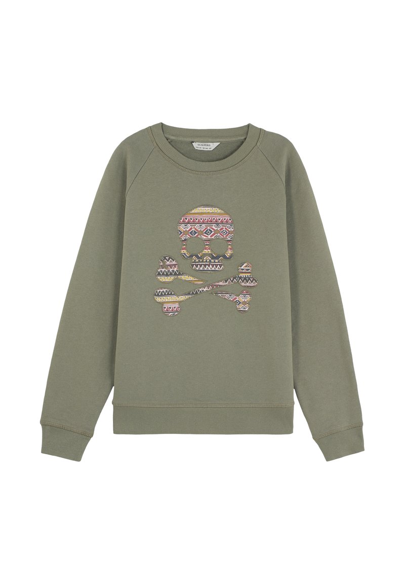 Sudadera verde oliva con un diseño colorido de calavera y huesos cruzados. Fabricada con un tejido suave y con puños y dobladillo acanalados.