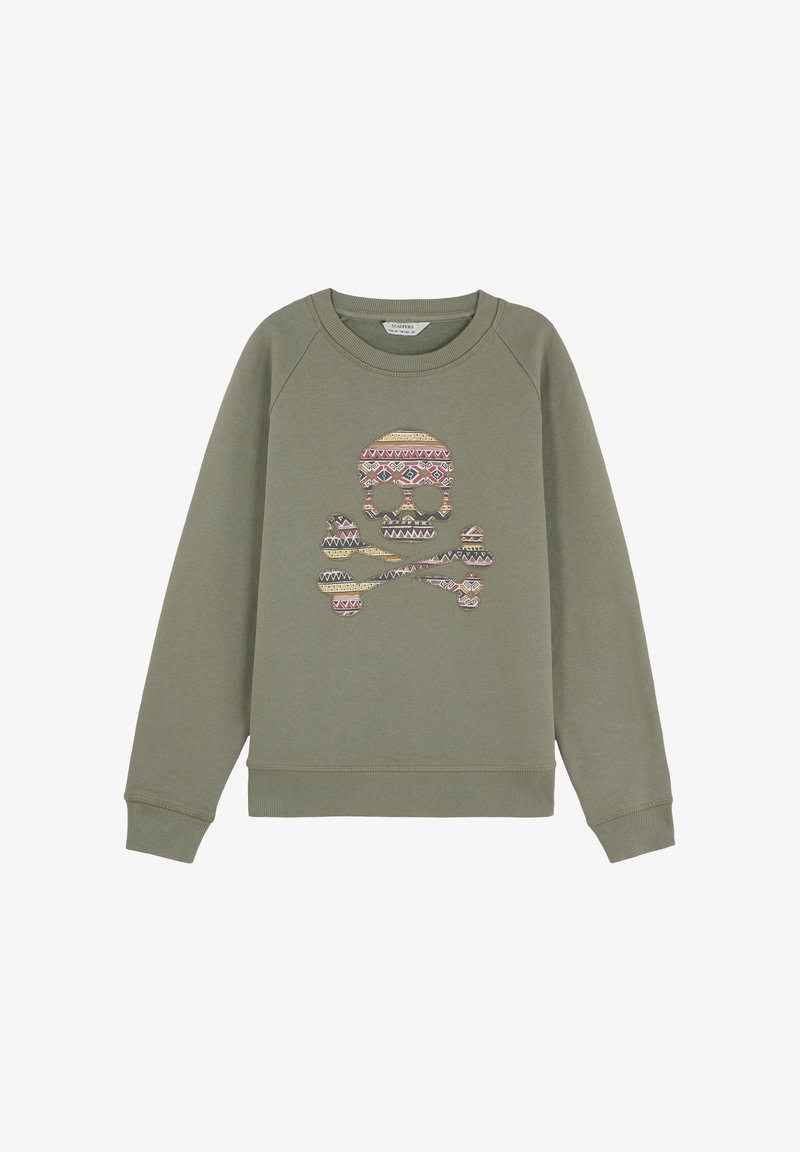 Olijfgroene sweatshirt met een kleurrijk patroontekening van een schedel en gekruiste botten. Gemaakt van zachte stof met ribbelboorden en -zoom.