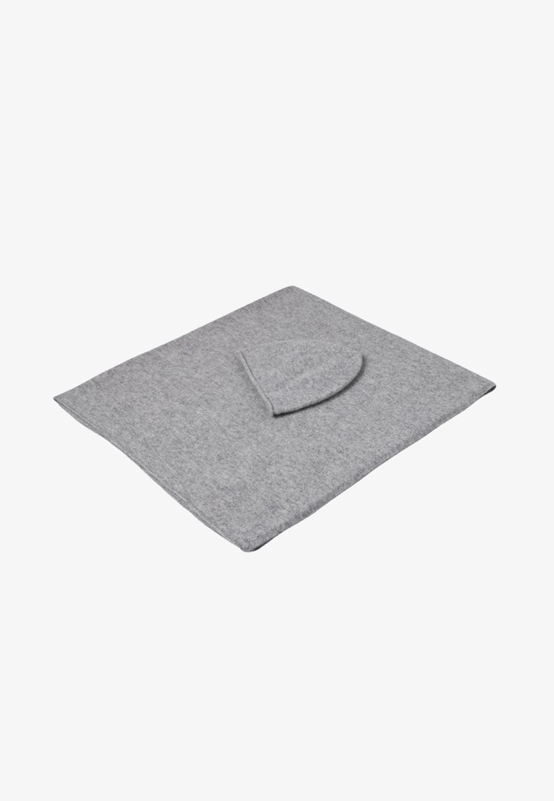 Grau gefütterte Decke mit abgerundeten Ecken und weicher Textur, ausgestattet mit einem kleinen dreieckigen Überhang, ideal für Wärme und Komfort.