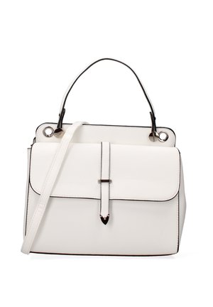 Borsa a mano in pelle bianca con forma strutturata, dettagli neri, manico superiore, tracolla rimovibile e chiusura a patta.