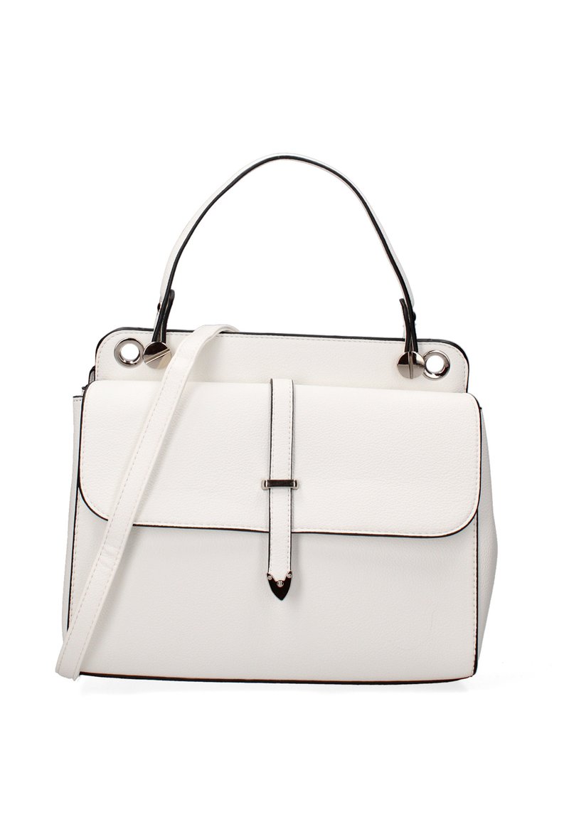 Witte leren handtas met een gestructureerde vorm, zwarte accenten, bovenhandgreep, afneembare schouderriem en een flapsluiting.
