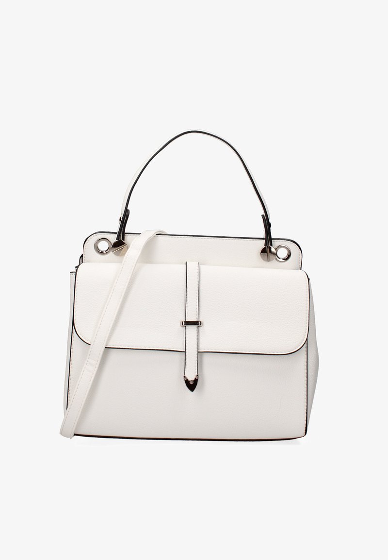 Witte leren handtas met een gestructureerde vorm, zwarte accenten, bovenhandgreep, afneembare schouderriem en een flapsluiting.