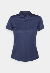 Polo shirt navy con maniche corte, colletto, cinque bottoni e orlo arrotondato. Realizzato in tessuto leggero e liscio. Presenta il logo sull'orlo.