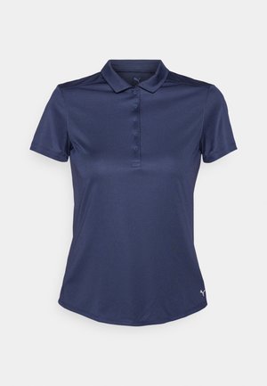 Polo shirt bleu marine à manches courtes, col, cinq boutons et ourlet arrondi. Fabriqué en tissu lisse et léger. Présente un logo sur l'ourlet.