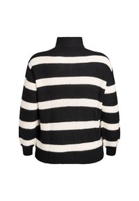 Gestreifter Strickpullover in Schwarz und Weiß mit hohem Kragen und Ballonärmeln. Strukturierter Stoff mit abwechselnd dicken und dünnen Streifen.