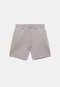 Shorts décontractés gris clair avec taille élastique et cordon, dotés de détails de coutures verticales à l'avant et sur les poches latérales.