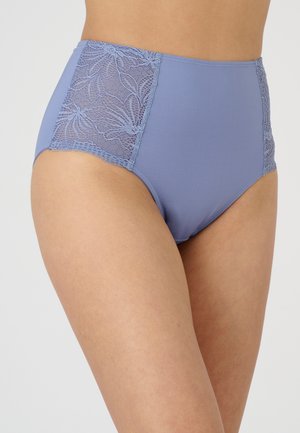 Hochgeschnittene Unterwäsche aus weichem Lavendeltuch mit seitlichen Einsätzen aus floraler Spitze und glatter Textur, mit gesteppten Kanten.