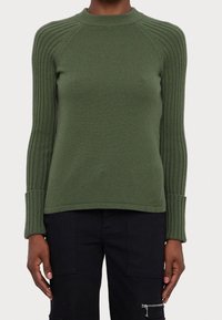 Pull vert tricoté avec un col rond, des détails côtelés sur les épaules et les manches, ainsi que des poignets ajustés, assorti à un pantalon cargo noir.