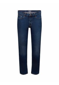 Jeans en denim bleu foncé avec une coupe droite. Comprend cinq poches, des passants pour ceinture et une fermeture par bouton. Texture uniforme sur toute la surface.