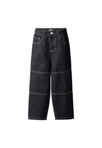 Dark denim wide-leg pants with orange stitching, five pockets, and a front button closure. Features horizontal seaming across the legs.