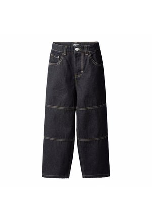 Mørke denim vide bukser med orange stikninger, fem lommer og lukking med knapp foran. Har horisontale sømmer over bena.