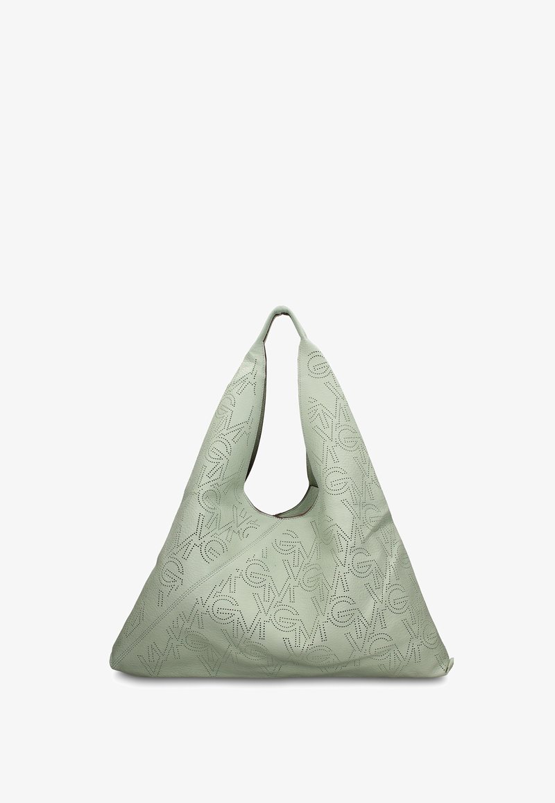 Sac à main triangulaire en cuir vert clair avec un motif perforé répétitif du logo "VG" et une ouverture avec poignée supérieure.