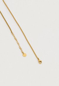 Κολιέ με χρυσή αλυσίδα που διαθέτει ορθογώνιους κρίκους, με στρογγυλό μενταγιόν και κούμπωμα στο ένα άκρο. Λείο υφή και λαμπερό φινίρισμα.