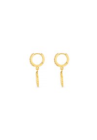 Gli orecchini a cerchio in oro presentano un pendente piatto testurizzato e una fila di piccoli cristalli lungo la parte superiore. Il design è circolare con un accento pendente.