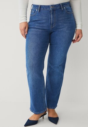 Blaue hochgeschnittene Jeans mit geradem Bein, ausgestattet mit einem klassischen Fünf-Taschen-Stil und subtiler Ausbleichung auf dem Denim-Stoff.