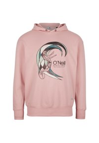 Roze hoodie met een grafisch ontwerp van een surfer en een golf. Gemaakt van zacht materiaal met geribbelde manchetten en zoom. O'Neill-logo zichtbaar.