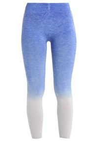 Leggings blu ombre che sfumano da blu scuro a blu chiaro, realizzati in tessuto elasticizzato con una texture liscia e un design aderente.