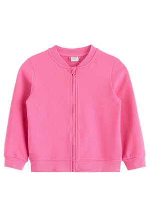 Helles pinkfarbenes Kinder-Jacke zum Reißverschluss mit langen Ärmeln sowie gerippten Bündchen, Kragen und Saum auf weißem Hintergrund.