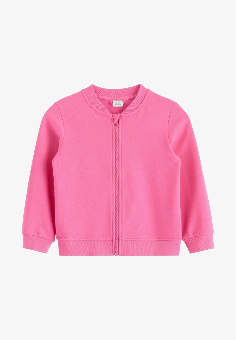 Veste à fermeture éclair rose vif pour enfants, à manches longues avec poignets, col et ourlet côtelés sur fond blanc.