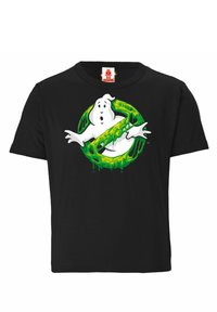 Black cotton t-shirt featuring a green and white graphic of a ghost with slime, set within a circular design. Short sleeves, classic fit.