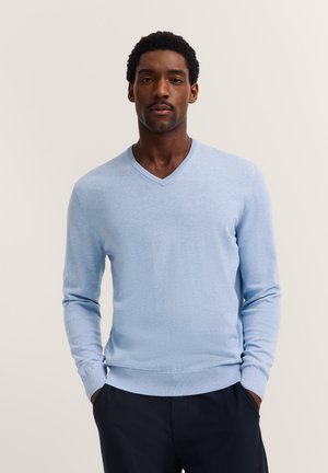 Mann mit kurzen lockigen Haaren und Schnurrbart, der einen hellblauen V-Ausschnitt-Pullover und dunkle Hosen trägt, mit den Händen in den Taschen, neutraler Hintergrund.