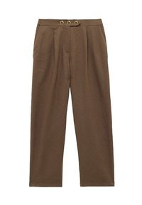 Bruine linnen broek met een recht model, plooien aan de voorkant en twee decoratieve knopen in goudkleur aan de taille.