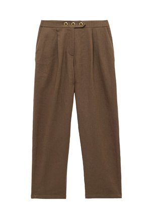 Bruine linnen broek met een recht model, plooien aan de voorkant en twee decoratieve knopen in goudkleur aan de taille.